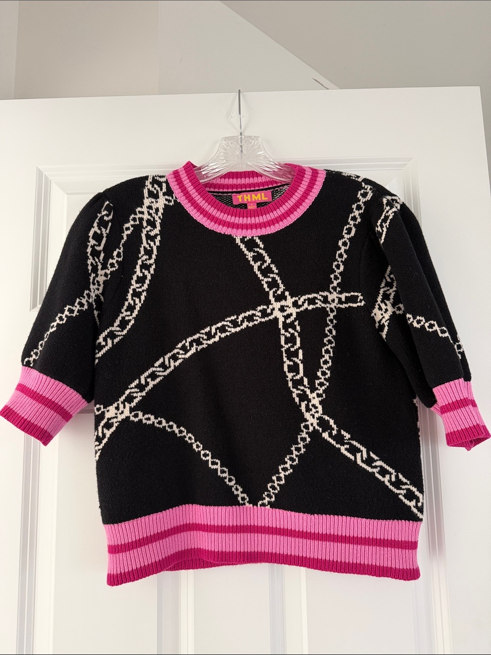 THML Black, White & Hot Pink Chain-Print Short Sleeve Sweater